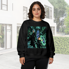 On-location model photograph displaying a circular green portal inside a towering Gothic hall on the front of a women's crewneck sweatshirt
