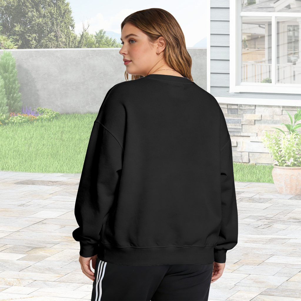 Rear-facing lifestyle photo showing the blank back of the women's An Opening in the Great Hall crewneck sweatshirt on a model