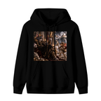 Front garment photograph: men's hoodie decorated with a feline ruler in an ornate palace filled with storm effects