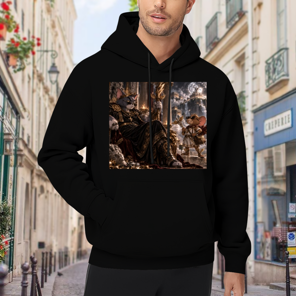 A feline ruler in an ornate palace filled with storm effects visible on a men's hoodie in an outdoor front model view