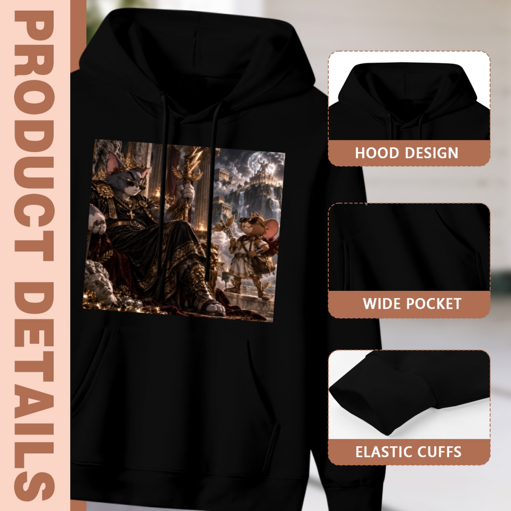 Men's Feline Ruler at Court hoodie product-feature illustration with close views of the hood, pocket and cuffs