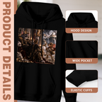 Men's Feline Ruler at Court hoodie product-feature illustration with close views of the hood, pocket and cuffs