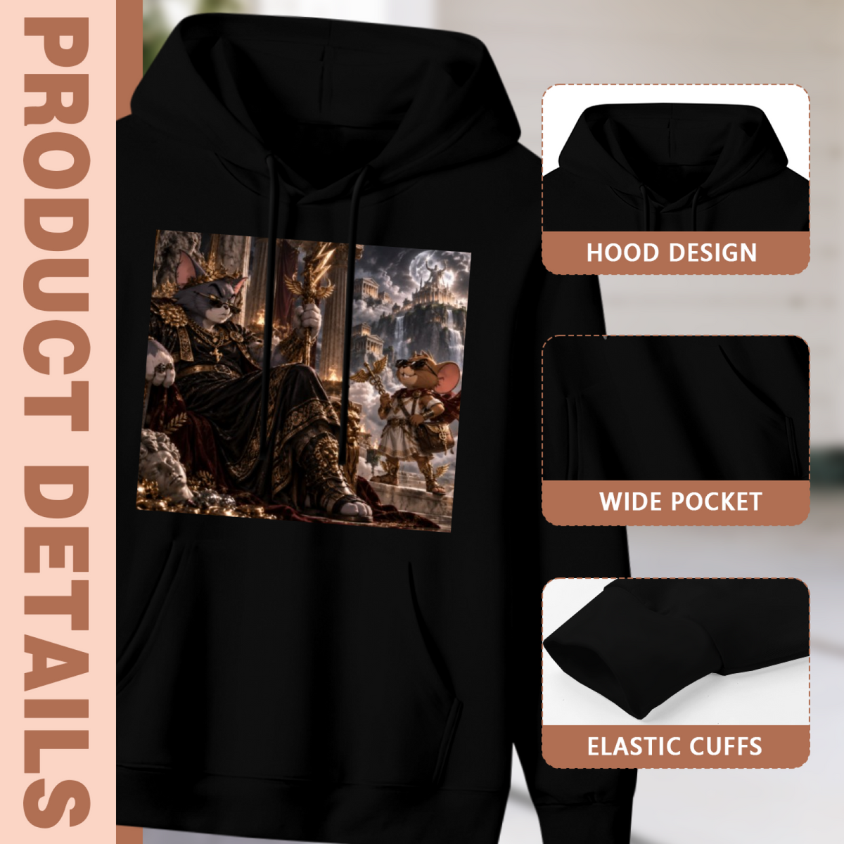 Men's Feline Ruler at Court hoodie product-feature illustration with close views of the hood, pocket and cuffs