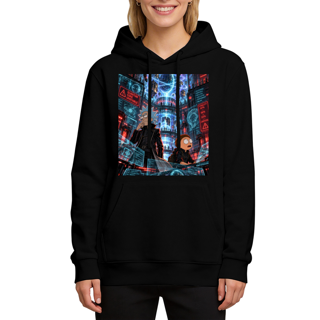Travelers among floating holographic displays in a futuristic city printed on a women's hoodie, shown in a front model photo