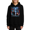 Travelers among floating holographic displays in a futuristic city printed on a women's hoodie, shown in a front model photo