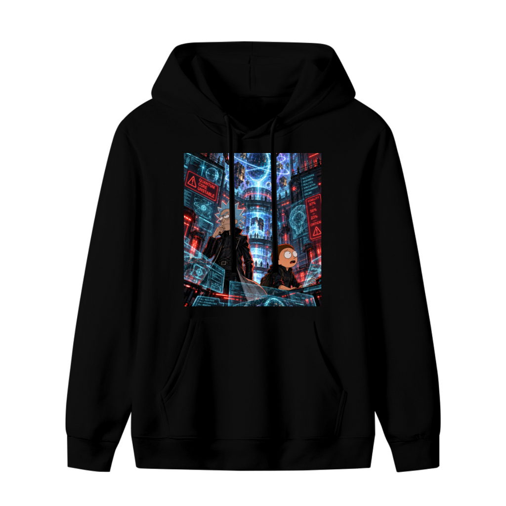 Unworn women's hoodie, front view of the design depicting travelers among floating holographic displays in a futuristic city