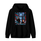 Unworn women's hoodie, front view of the design depicting travelers among floating holographic displays in a futuristic city