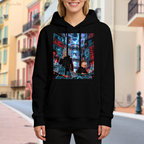 On-location model photograph displaying travelers among floating holographic displays in a futuristic city on the front of a women's hoodie
