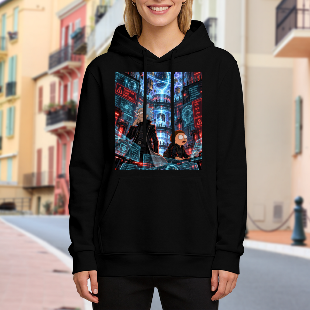 On-location model photograph displaying travelers among floating holographic displays in a futuristic city on the front of a women's hoodie