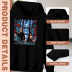 Garment and inset detail views for the women's Screen-Filled City Quest hoodie, highlighting the hood, pocket opening and cuffs
