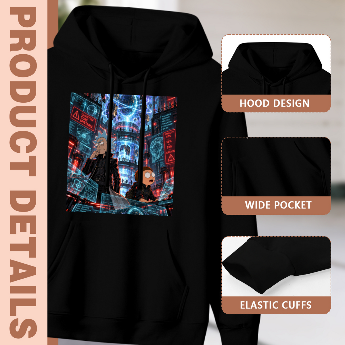 Garment and inset detail views for the women's Screen-Filled City Quest hoodie, highlighting the hood, pocket opening and cuffs
