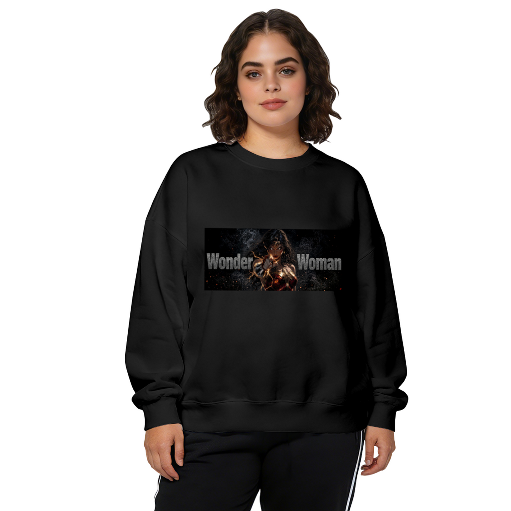 Studio photograph of a model in a women's crewneck sweatshirt showing a warrior with crossed armored bracers in a lettered chest banner