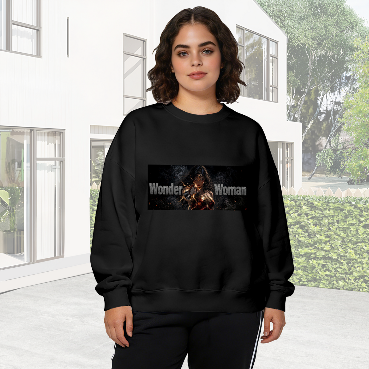 Women's crewneck sweatshirt worn outside, with the camera facing the graphic of a warrior with crossed armored bracers in a lettered chest banner