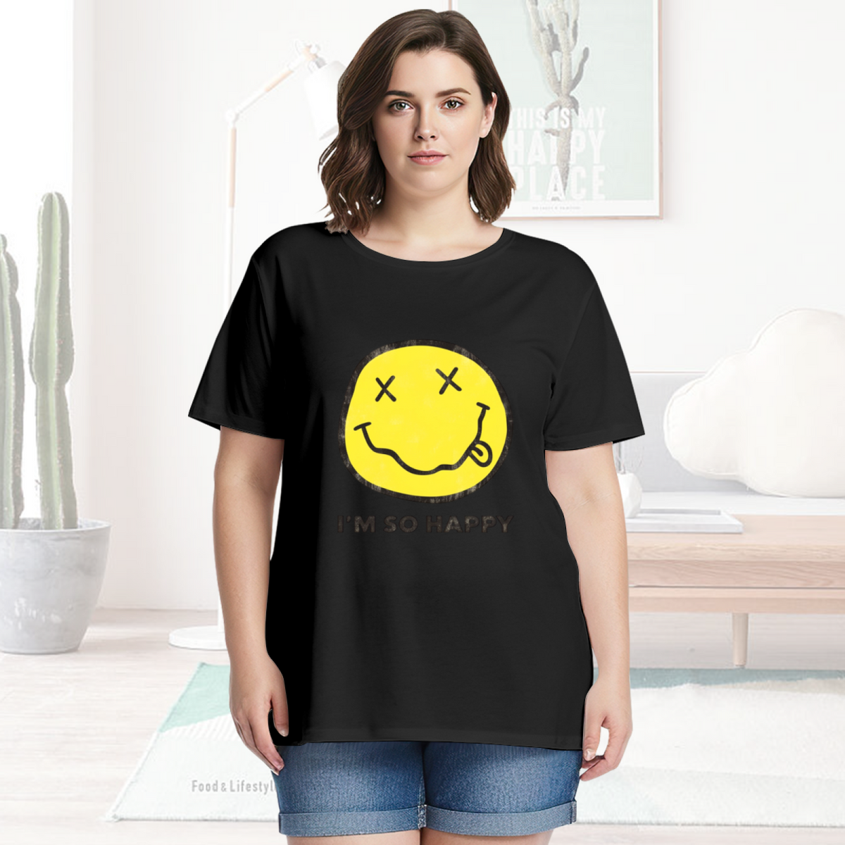 Graphic T-shirt product image with i’m so happy smiley artwork