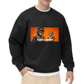 Front-facing model wearing a men's crewneck sweatshirt decorated with a cartoon cat and mouse wearing gold chains in a portrait panel