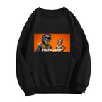 A cartoon cat and mouse wearing gold chains in a portrait panel shown on the front of a men's crewneck sweatshirt in a standalone product shot
