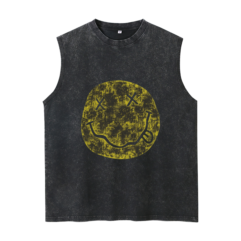Nirvana Distressed Smiley Face Washed Tank Top — product image showing the a distressed-style Nirvana smiley-face emblem design