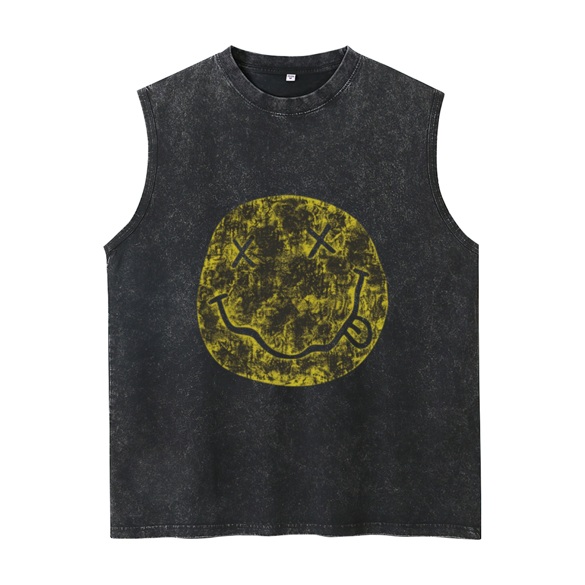 Nirvana Distressed Smiley Face Washed Tank Top — product image showing the a distressed-style Nirvana smiley-face emblem design