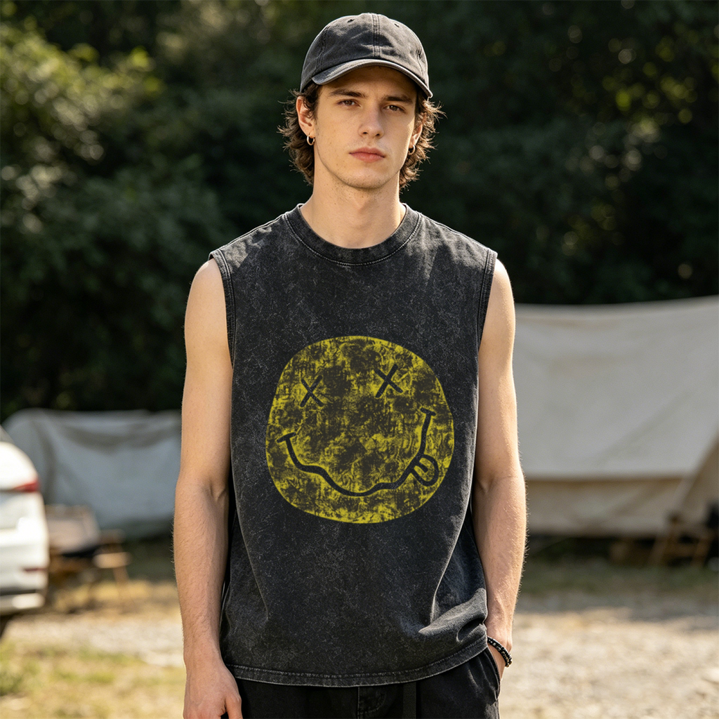 Nirvana Distressed Smiley Face Washed Tank Top — product image showing the a distressed-style Nirvana smiley-face emblem design