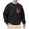 A flying caped figure amid sharp multicolored brushstrokes printed on a men's crewneck sweatshirt, shown in a front model photo