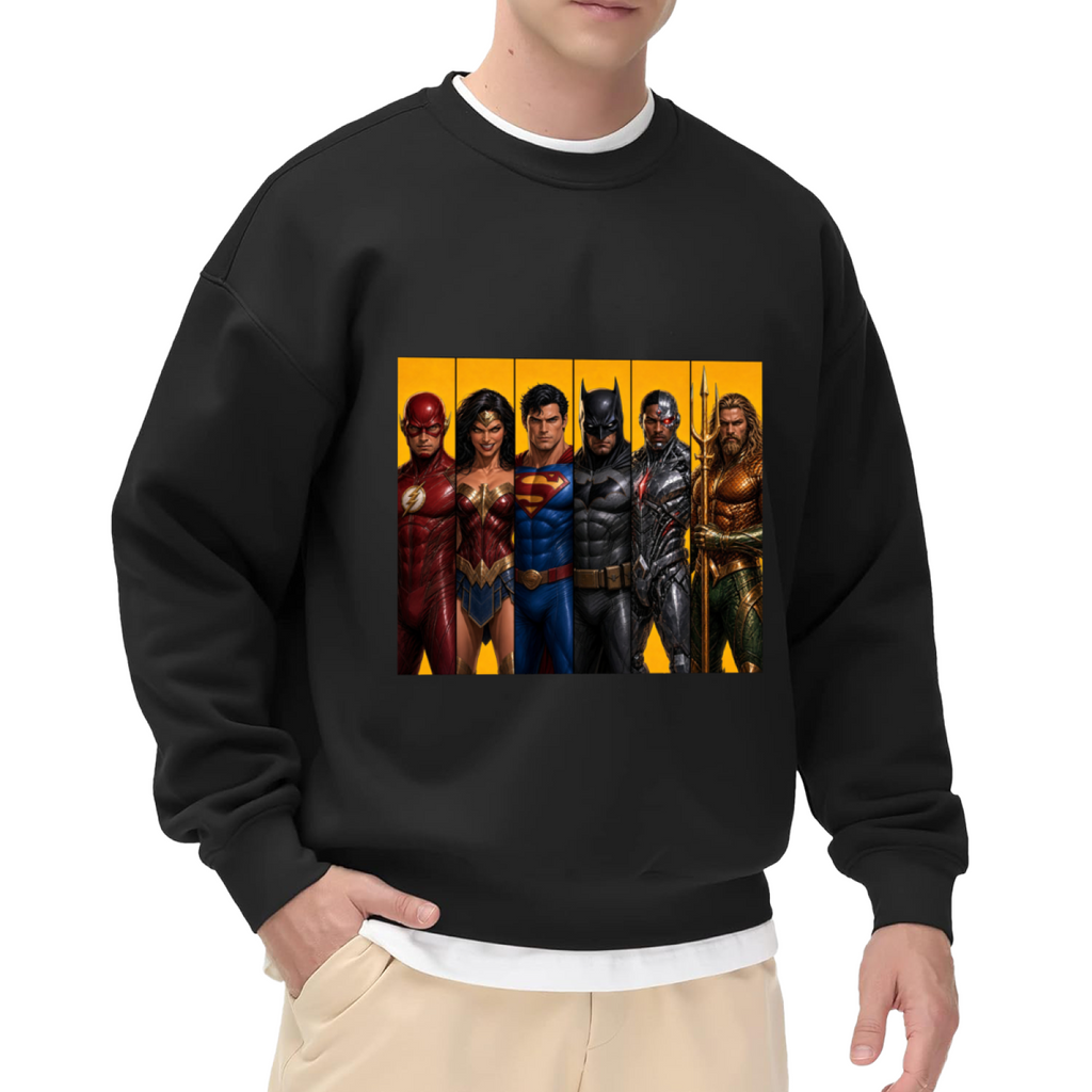 Men's crewneck sweatshirt seen on a model, its front graphic depicting costumed figures arranged side by side in separate portrait panels