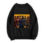 Front garment photograph: men's crewneck sweatshirt decorated with costumed figures arranged side by side in separate portrait panels