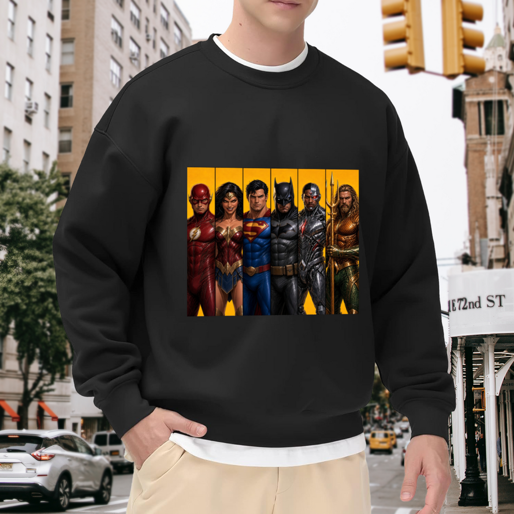 Costumed figures arranged side by side in separate portrait panels visible on a men's crewneck sweatshirt in an outdoor front model view