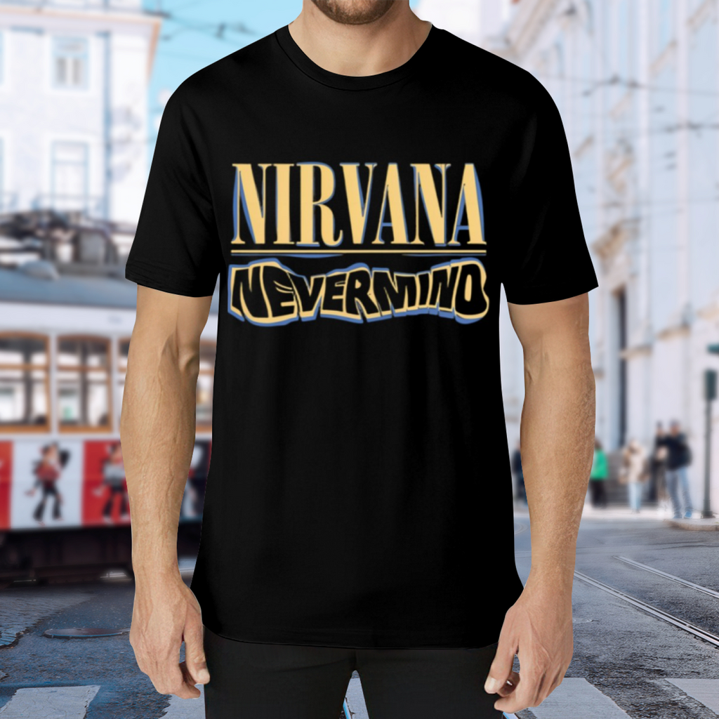 Nirvana Nevermind Blue Yellow Logo Graphic T-Shirt — product design preview of the artwork; blue-and-yellow “Nevermind” lettering forms the key visual