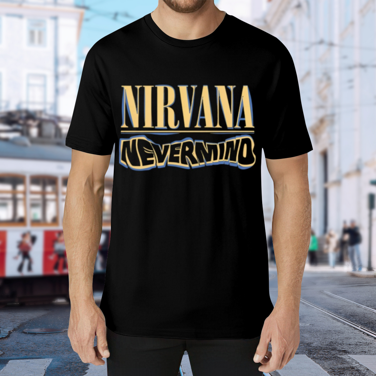 Nirvana Nevermind Blue Yellow Logo Graphic T-Shirt — product design preview of the artwork; blue-and-yellow “Nevermind” lettering forms the key visual
