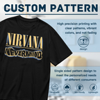 Nirvana Nevermind Blue Yellow Logo Graphic T-Shirt — product design preview of the artwork; blue-and-yellow “Nevermind” lettering forms the key visual