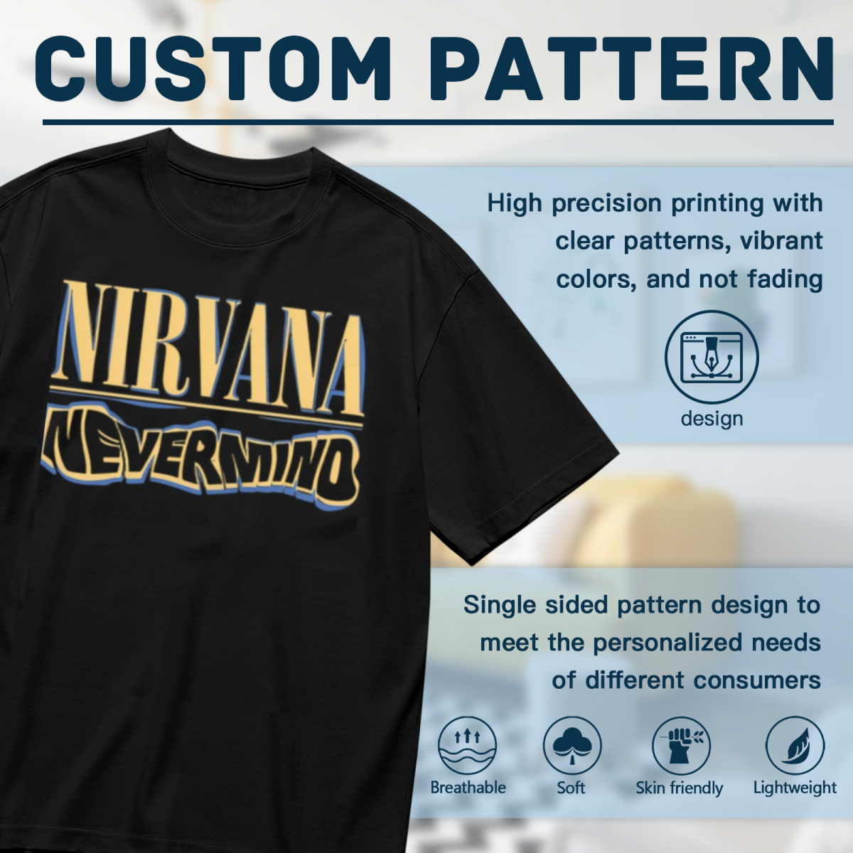 Nirvana Nevermind Blue Yellow Logo Graphic T-Shirt — product design preview of the artwork; blue-and-yellow “Nevermind” lettering forms the key visual