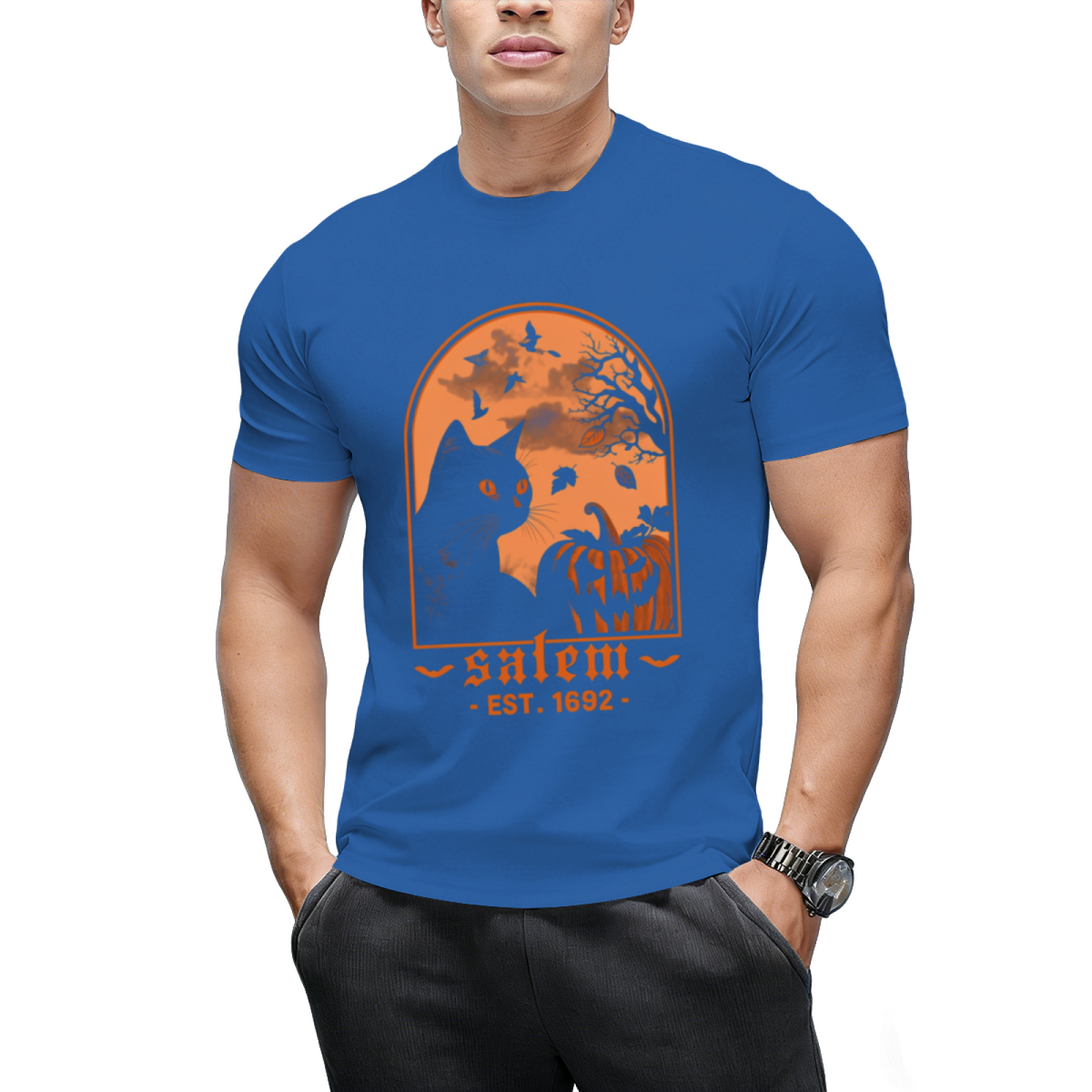 Salem 1692 Black Cat and Pumpkin Graphic T-Shirt