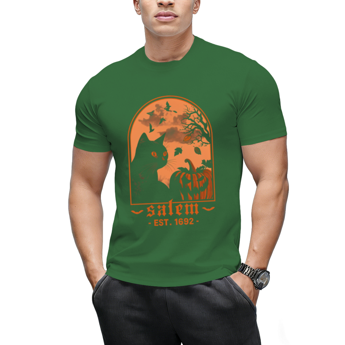 Salem 1692 Black Cat and Pumpkin Graphic T-Shirt