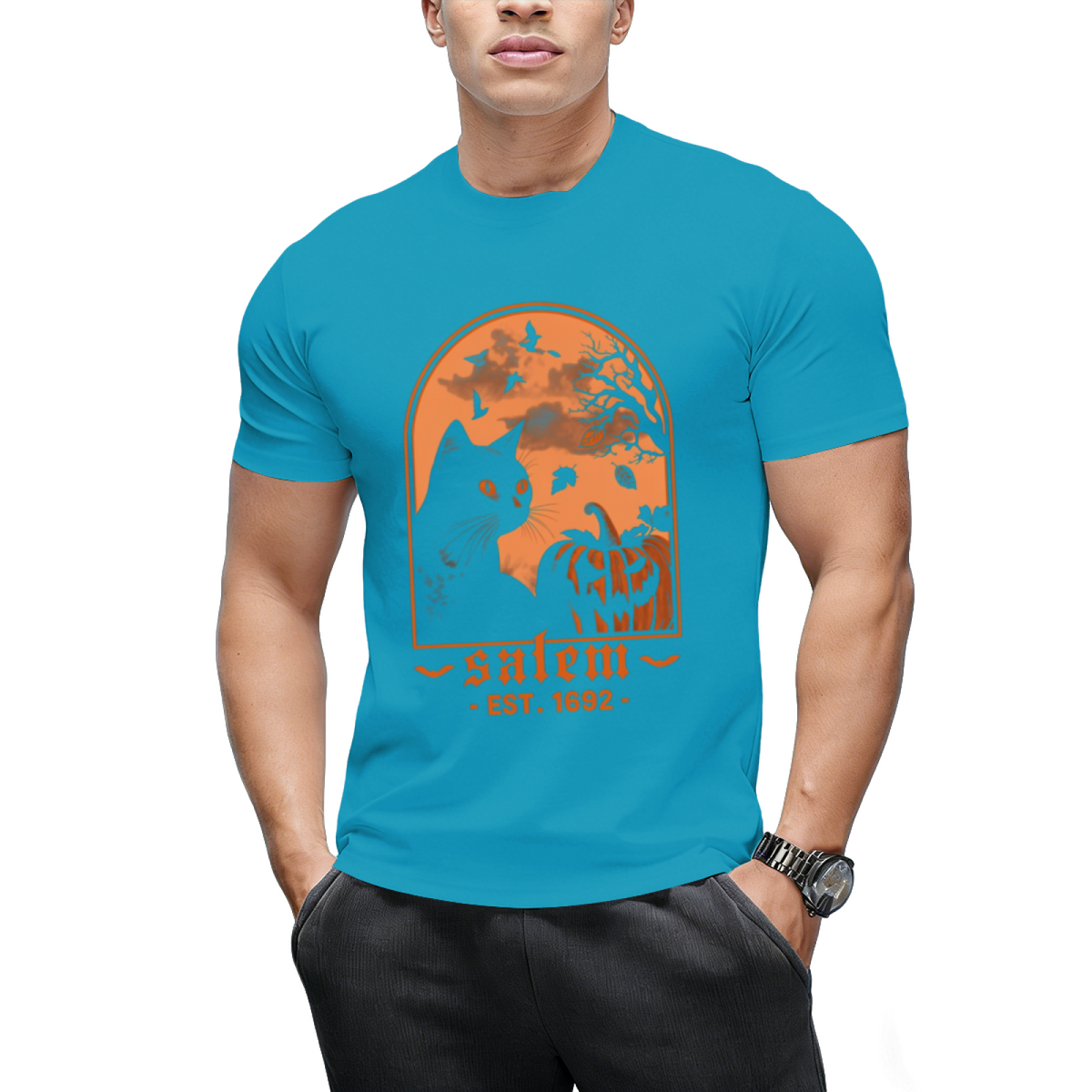 Salem 1692 Black Cat and Pumpkin Graphic T-Shirt