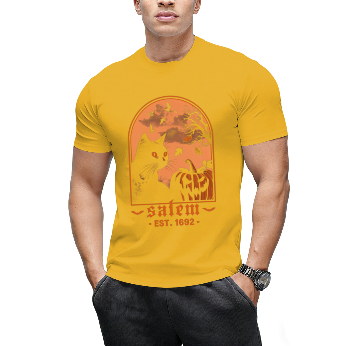 Salem 1692 Black Cat and Pumpkin Graphic T-Shirt