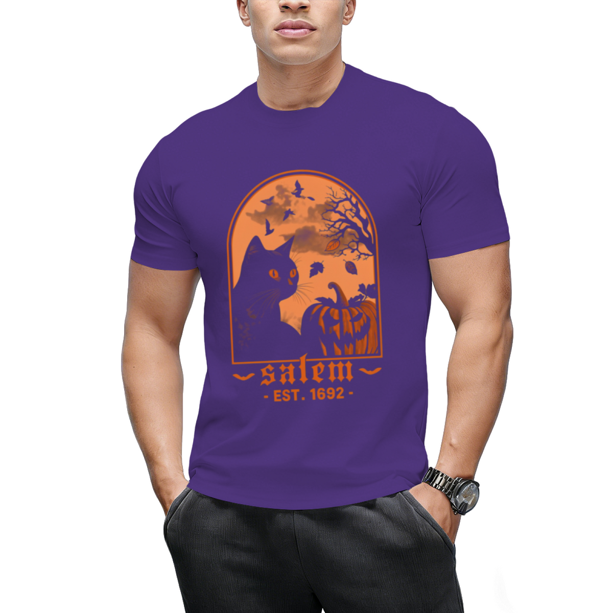 Salem 1692 Black Cat and Pumpkin Graphic T-Shirt