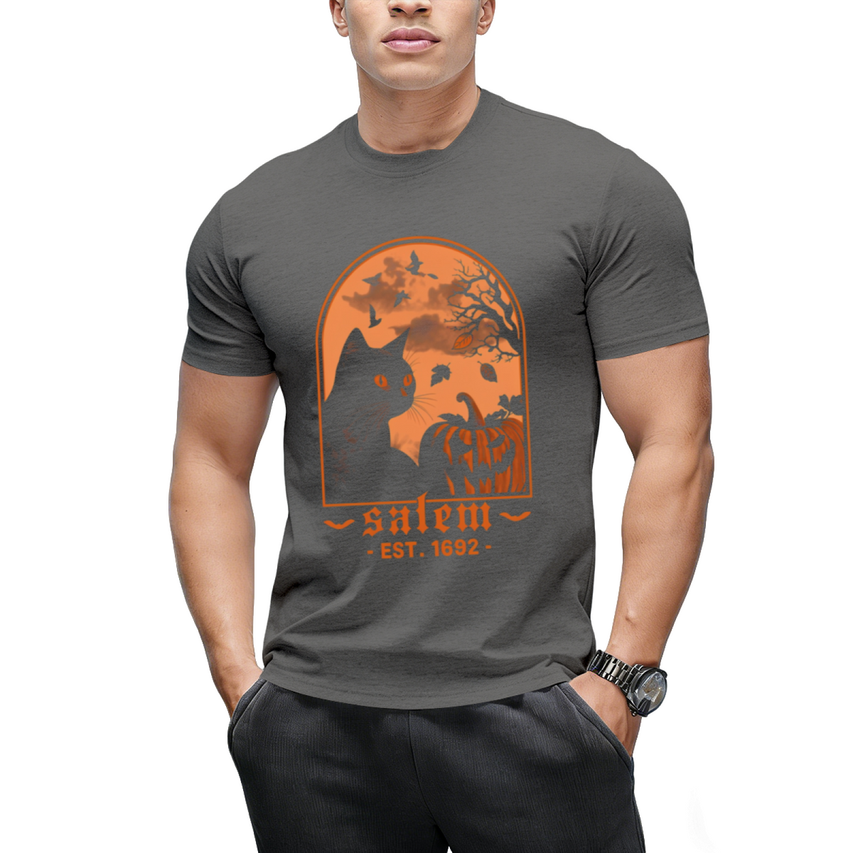 Salem 1692 Black Cat and Pumpkin Graphic T-Shirt
