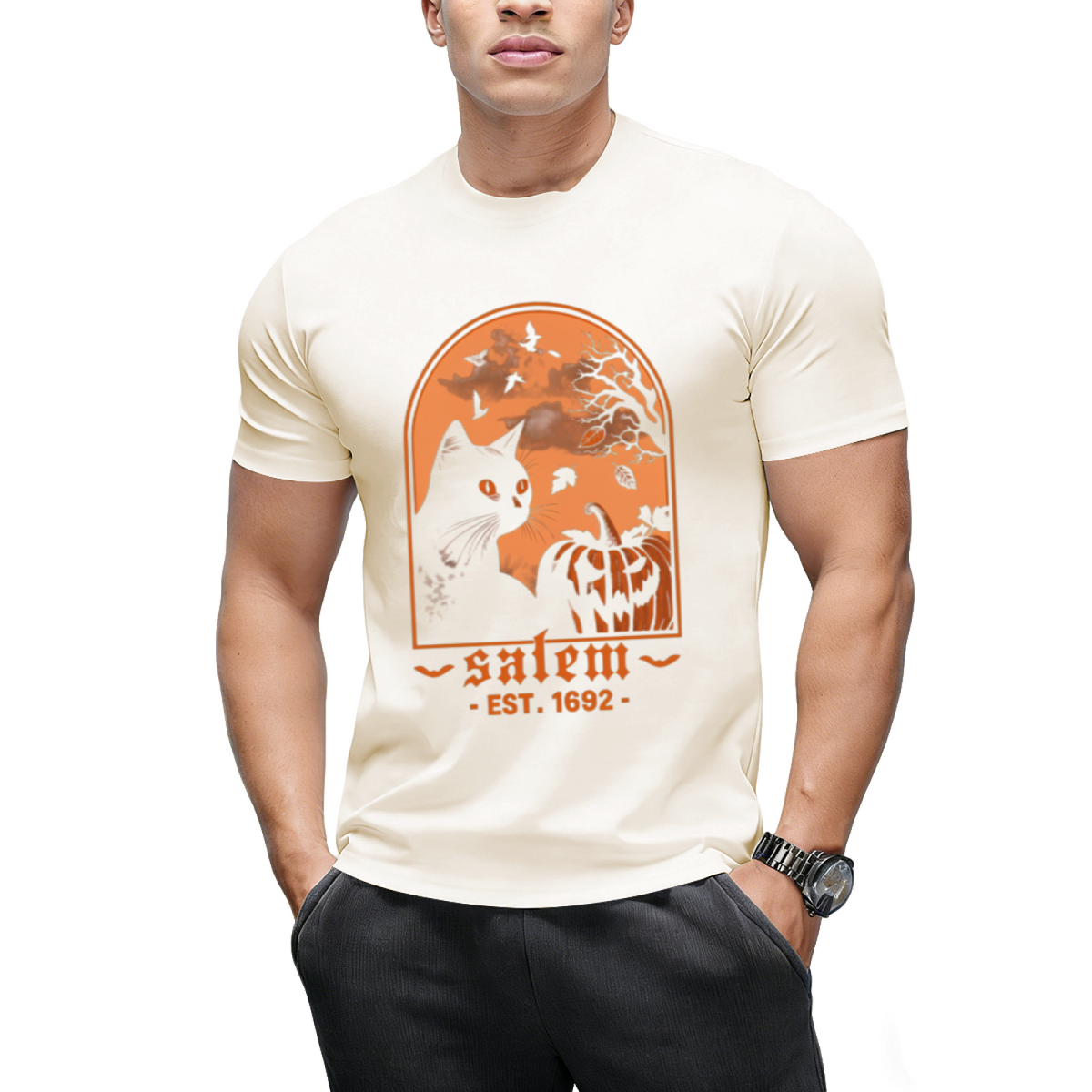 Salem 1692 Black Cat and Pumpkin Graphic T-Shirt