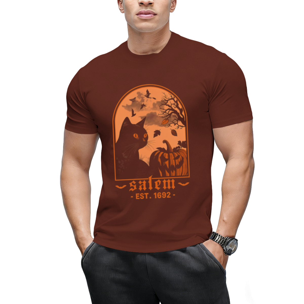 Salem 1692 Black Cat and Pumpkin Graphic T-Shirt