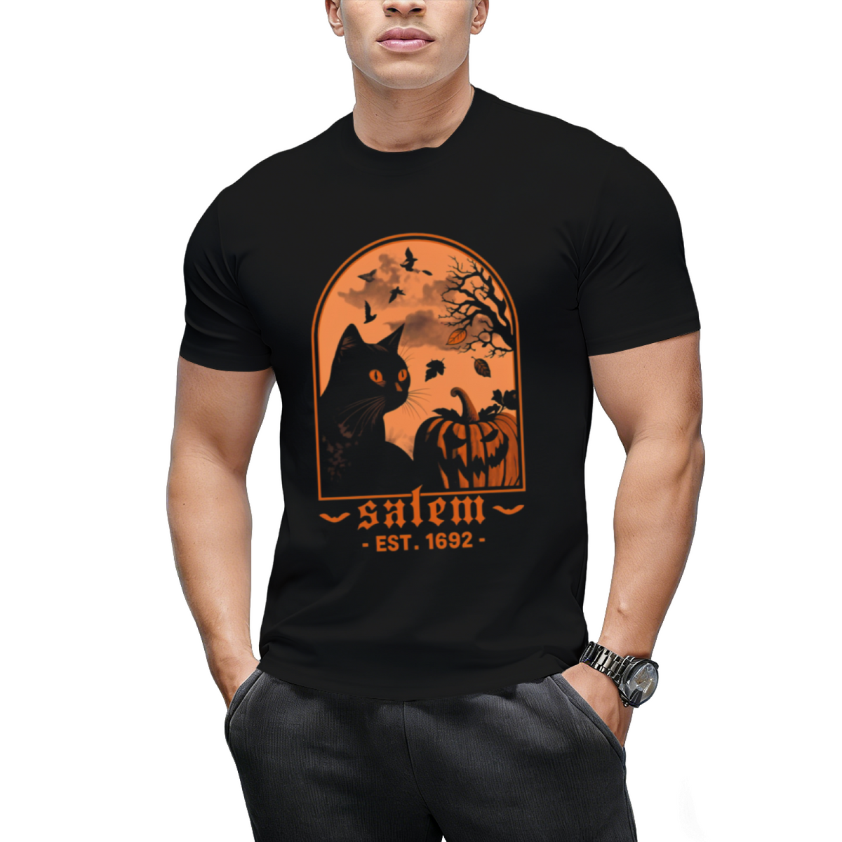Salem 1692 Black Cat and Pumpkin Graphic T-Shirt