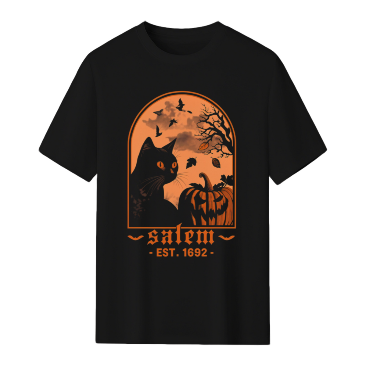 Salem 1692 Black Cat and Pumpkin Graphic T-Shirt