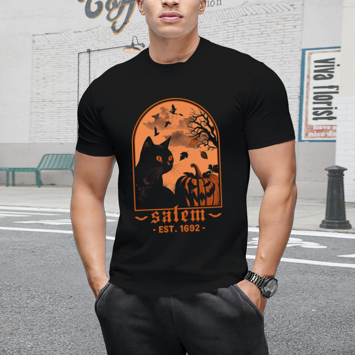 Salem 1692 Black Cat and Pumpkin Graphic T-Shirt