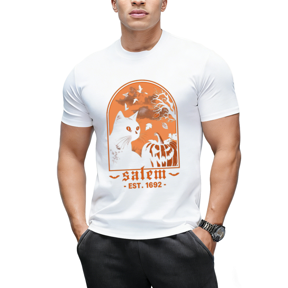 Salem 1692 Black Cat and Pumpkin Graphic T-Shirt