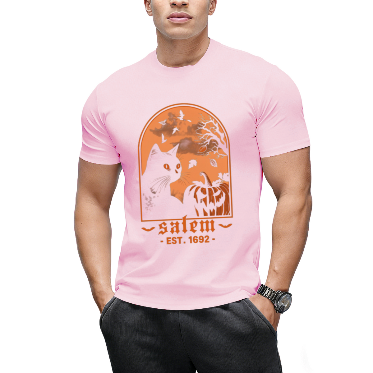 Salem 1692 Black Cat and Pumpkin Graphic T-Shirt