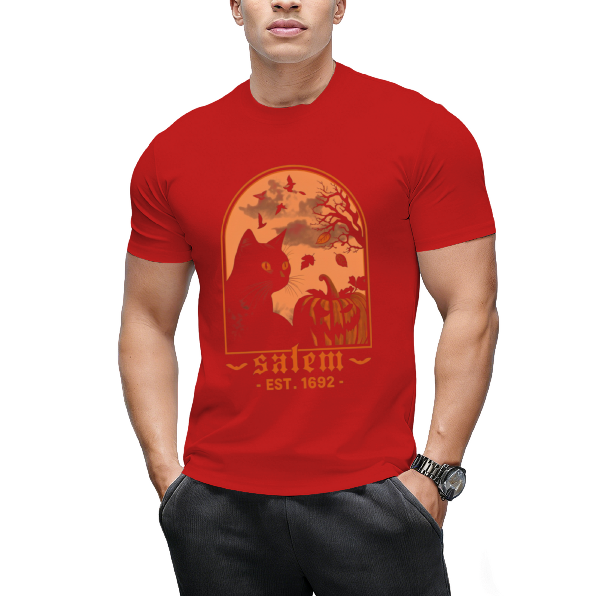 Salem 1692 Black Cat and Pumpkin Graphic T-Shirt