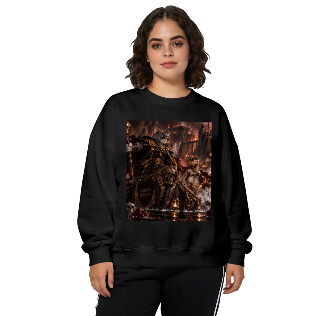 On-model product photo: women's crewneck sweatshirt bearing an armored cat surrounded by flames in a detailed fantasy battle