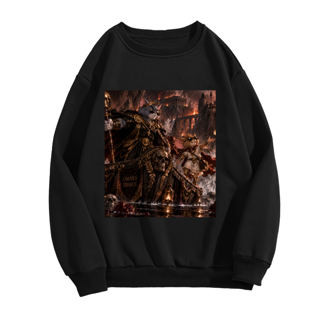 Women's crewneck sweatshirt photographed alone, with an armored cat surrounded by flames in a detailed fantasy battle on the front