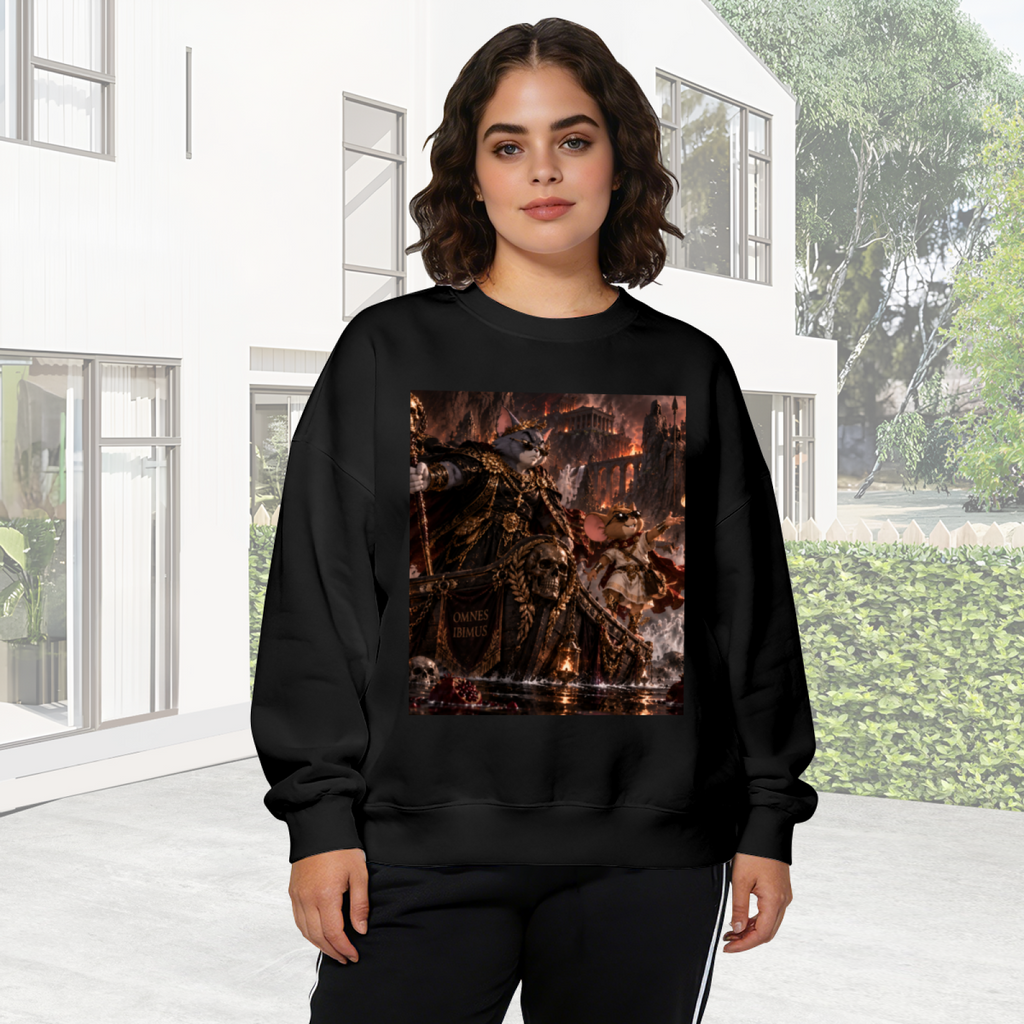 Lifestyle image outdoors: women's crewneck sweatshirt with a front graphic of an armored cat surrounded by flames in a detailed fantasy battle