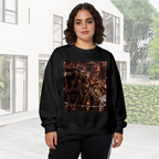 Lifestyle image outdoors: women's crewneck sweatshirt with a front graphic of an armored cat surrounded by flames in a detailed fantasy battle