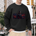 On-location model photograph displaying a dark armored figure in a wide portrait with ember-like accents on the front of a men's crewneck sweatshirt